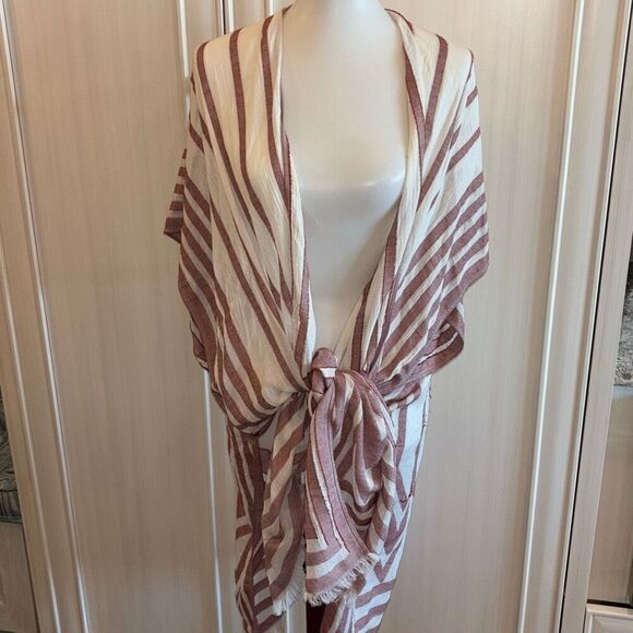 Steve Madden red white striped kimono cover up fringe hem OSFM shawl wrap boho - Picture 8 of 9